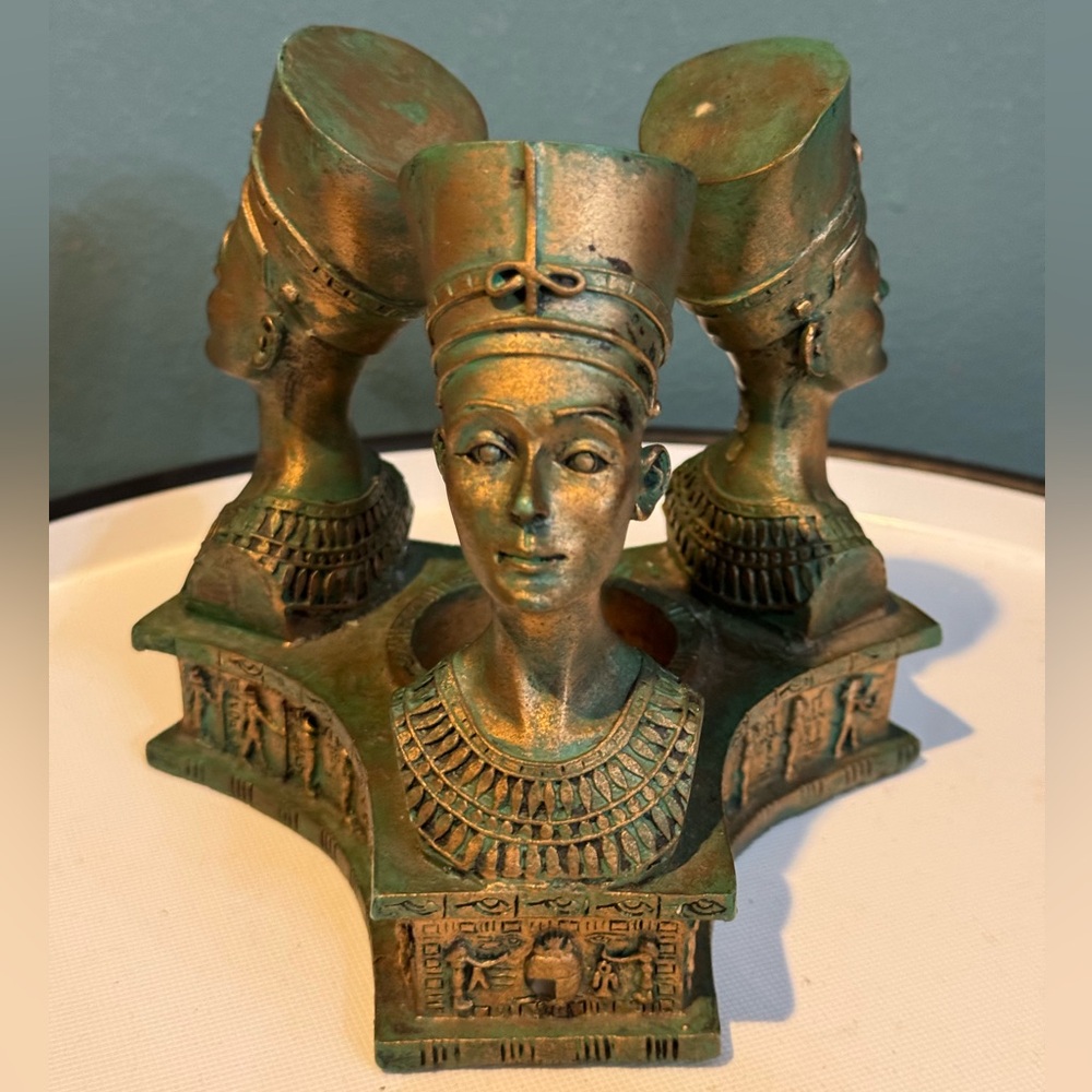 Egyptian NEFERTITI Triple Headed Tea light /Votive Candle Holder, 5.5” READ